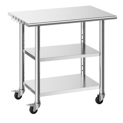 Stainless Steel Work Table, 61x91.5 Cm Food Prep Table with 2 Shelves and Wheels, Commercial Kitchen Workstation, Metal Heavy Duty Utility Worktable,