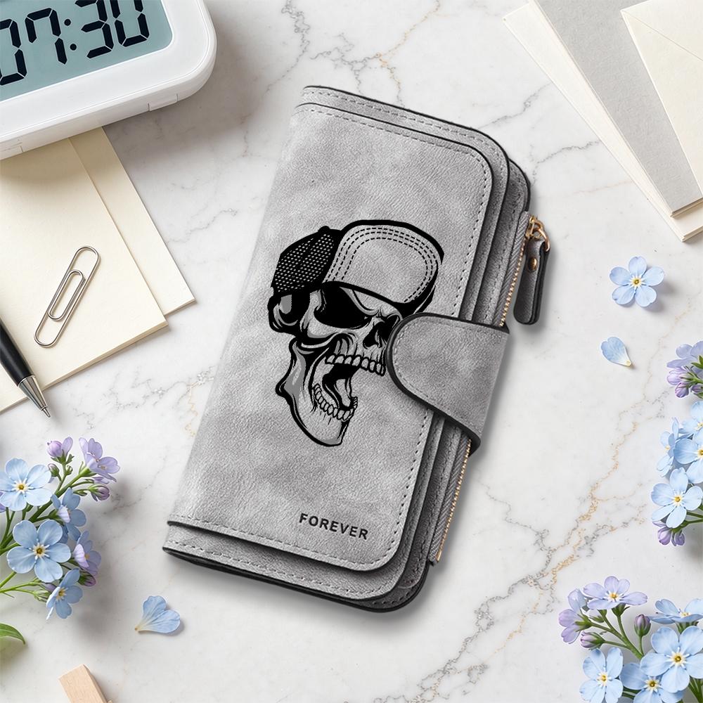 Skull Print Long Wallet Fashion Dark Style Multi Card Slot Portable Forever Purse