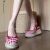Retro Red Mary Jane Single Shoes Women's 2025 New Summer Plaid Wedge Head Sandals High Heel Half Slippers