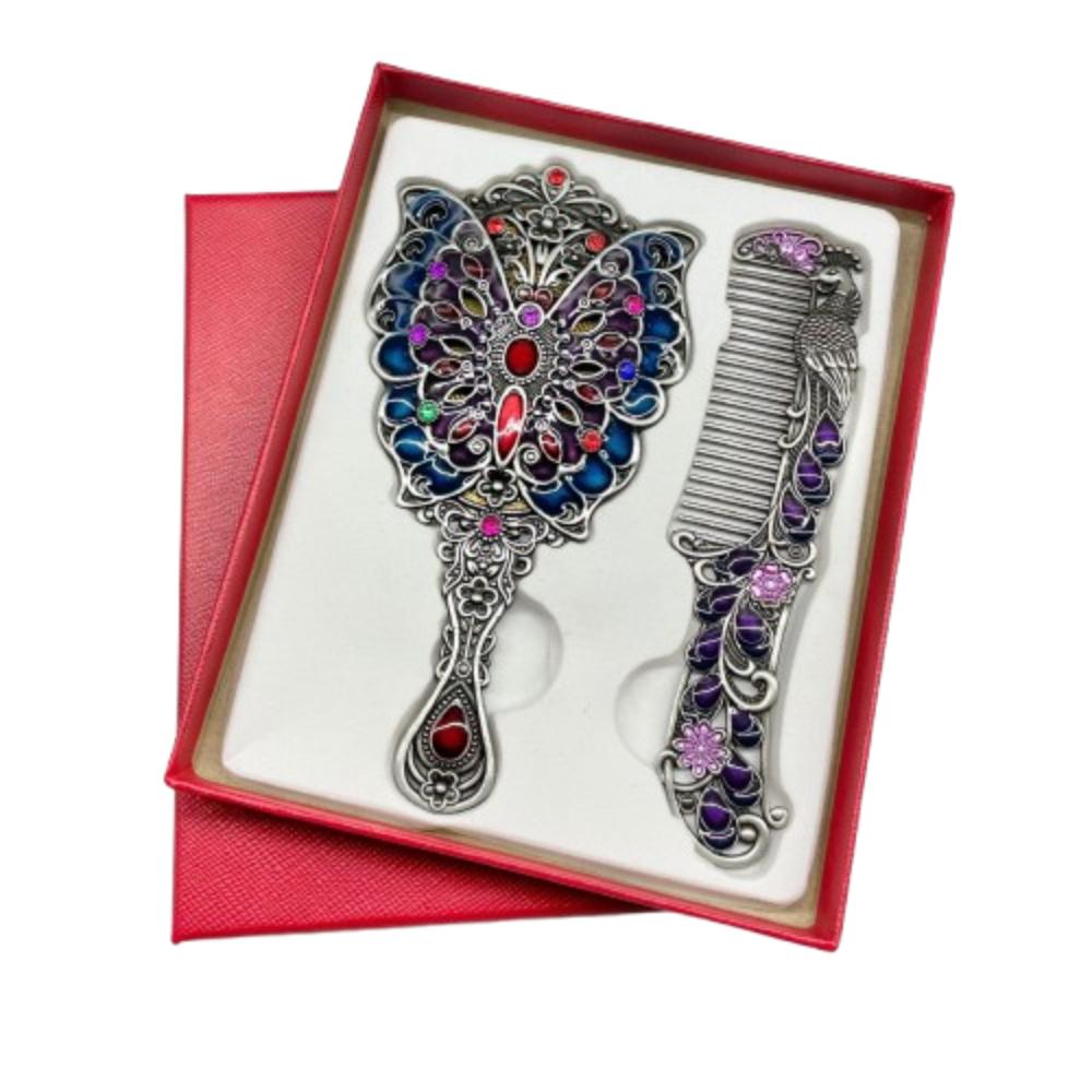 Portable Peacock Makeup Mirror Comb Set Vintage Hand-held Cosmetic Mirror Metal Handle with Comb Vanity Mirror Middle East