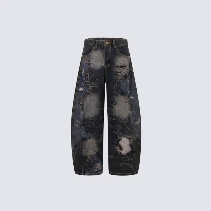 Mens Loose Wide-Leg Jeans Distressed Washed Denim Pants High Street Style Embroidered S-XL