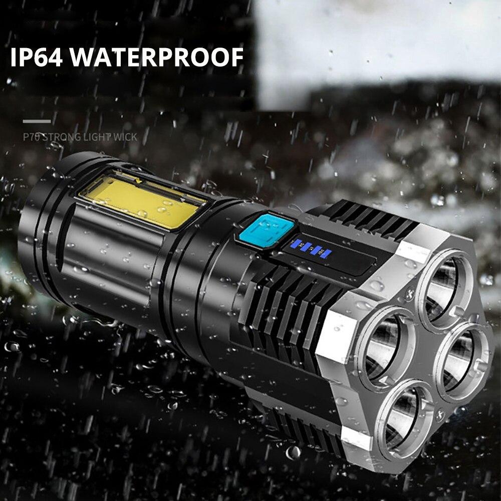 Power High LED Flashlights Camping Torch With 4 Lamp Beads And COB Side Light Rechargeable Portable Hand Lantern 4 Lighting Mode