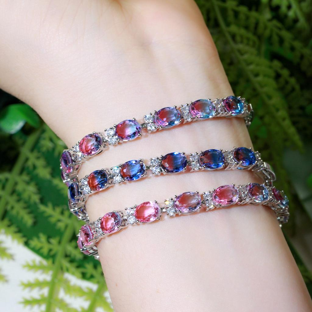 Popular Zircon Jewelry Copper Rhodium Plated Watermelon Synthetic Tourmaline Gradual Change Color Crystal Glass Bracelet