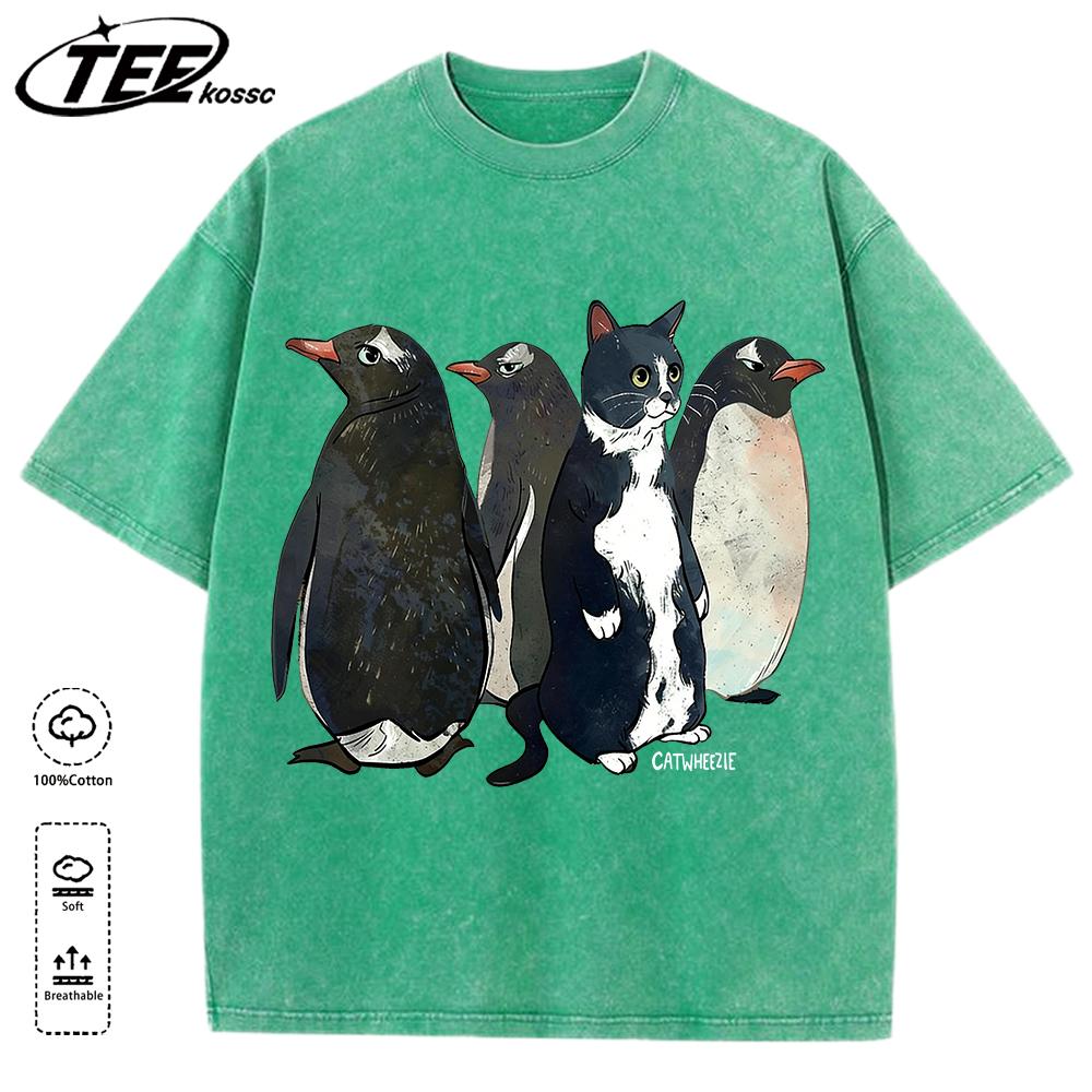 A cow cat imitating penguins catwheezie Washed T-Shirt Mens Summer Tee Cotton Fashion Short Sleeve Unisex Colour Soft Clothing
