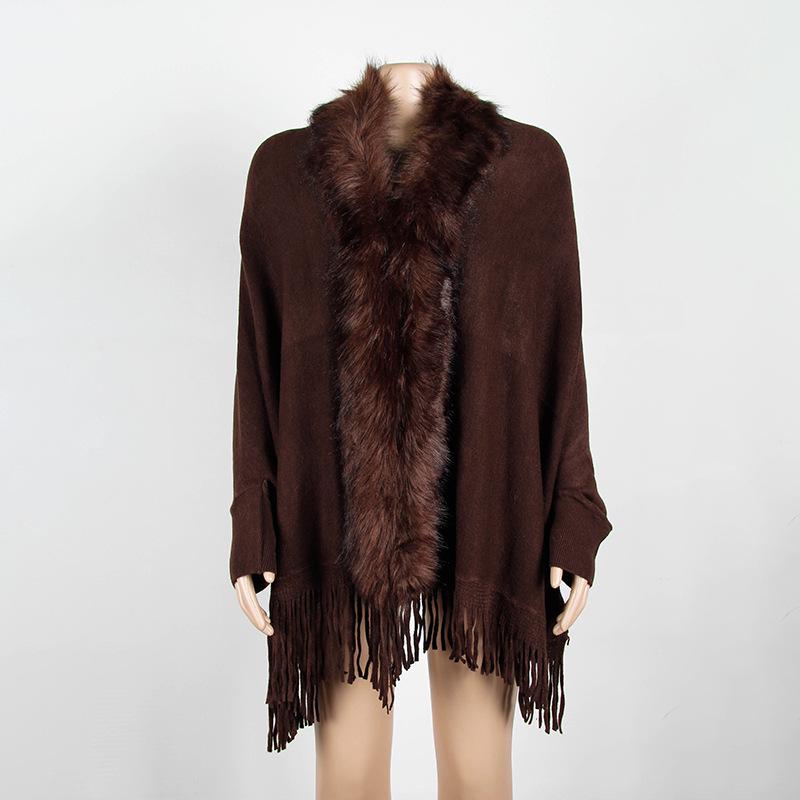 Women's Knitted Cape Without Buttons Tassel Cape Shawl Fur Collar Solid Color Cape