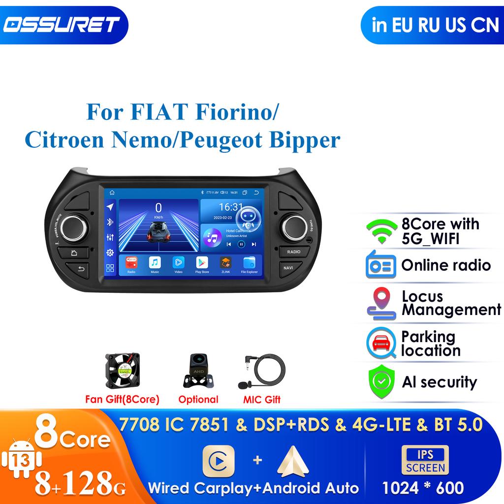 OSSURET Интеллектуальный Carplay 4G RDS 7'' 7862 AI 2din Android 13 Автомагнитола для Fiat Fiorino / Citroen Nemo / Peugeot Bipper GPS Мультимедийный Видеоплеер