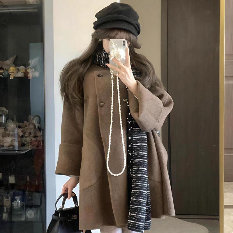 Womens Wool Blend Coat Short Length Korean Style Solid Color Round Neck Double Breasted Medium Thick Pockets Youth