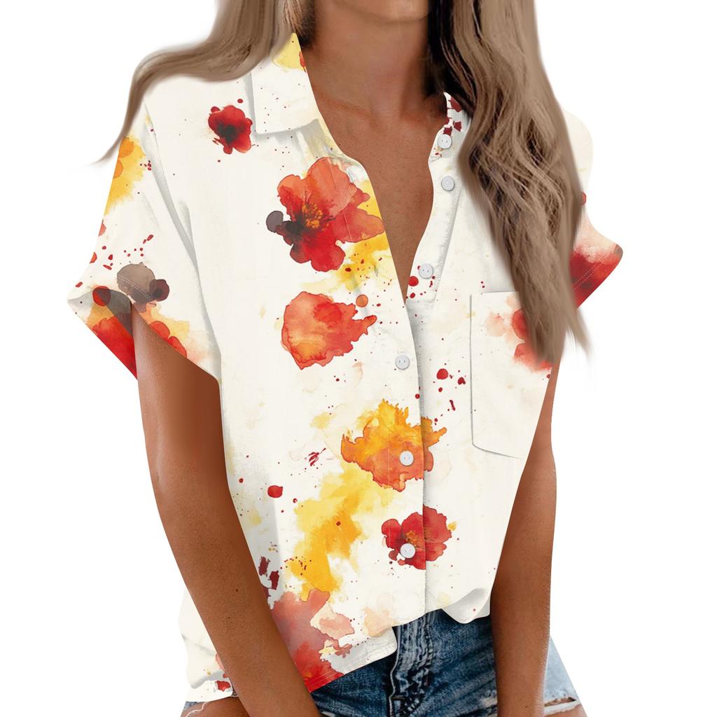 Women's Short Sleeved Shirt, Daily Fashion Printed Button Top, Chest Pocket Cardigan