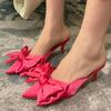 Летние женские тапочки на высоком каблуке 7 см, модные шелковые шлепанцы с бантом и бабочкой, женские туфли-лодочки с острым носком, вечерние розово-красные туфли на низком каблуке