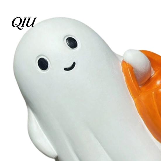 Ghost Figurine with Night Light Halloween Holding Pumpkin Figurine, Spooky Statue Light, Resin Ornament for Desk Tabletop Centerpiece LED Lamp