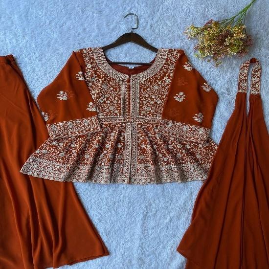 Radiant Rust Orange Georgette Sharara Set with Intricate Chikankari Embroidery