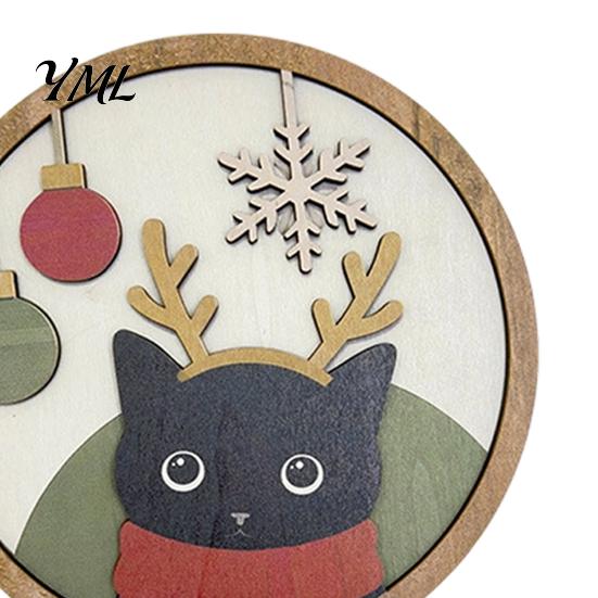 Decorative Wooden Plaques Christmas Black Cat Wall Decor, Layered Hanging Sign, Round 2D Holiday Gift Ideas Flat Art Decoration for Living Room