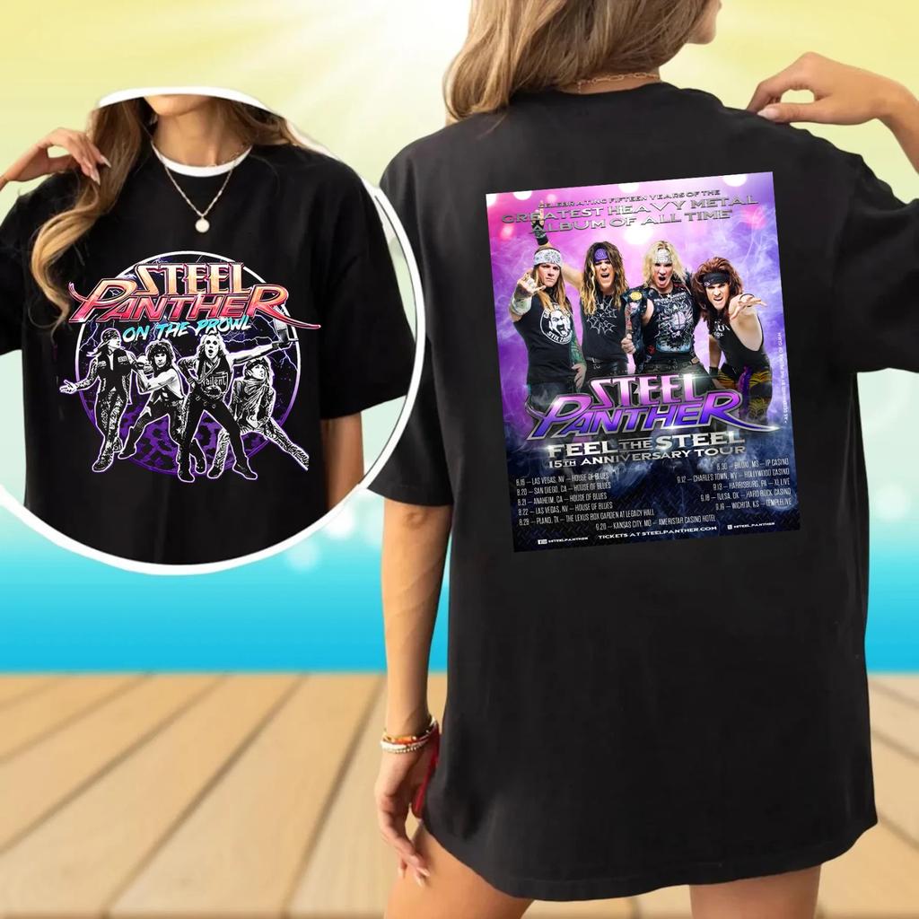 Новая футболка Steel Panther Feel The Steel 2025 Tour America с двусторонним принтом Размеры S-4XL Высококачественная Роскошная Для мужчин и женщин Топ Y2k