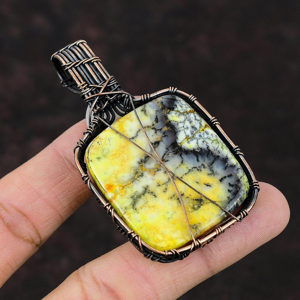 Желтый Дендрит Опал Медный Кулон Медная Проволока Обернутая Ювелирные Изделия Драгоценных Камней Радужный Кулон Лунного Камня Подвеска Ручной Работы Дизайнерские Медные Ювелирные Изделия