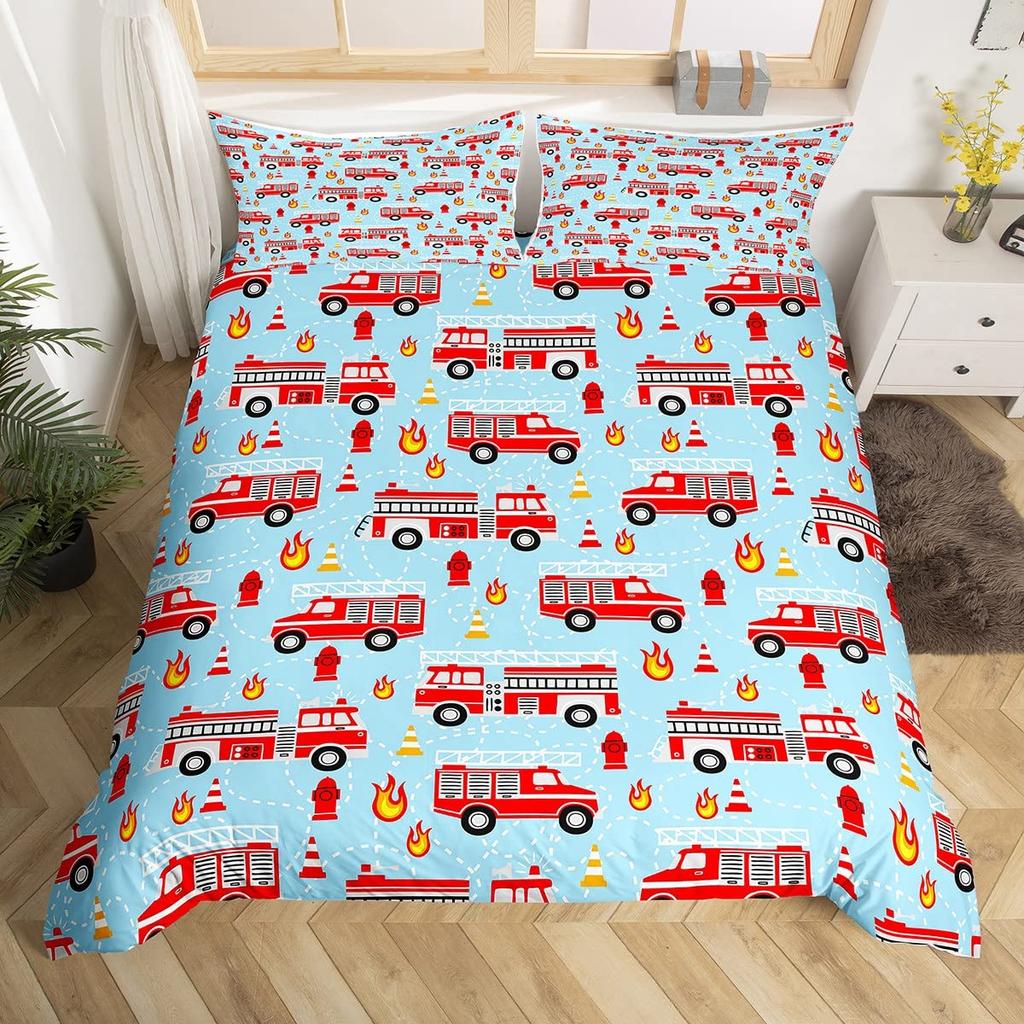 Fire Truck Bedding SetBurning Flames Duvet Cover for Kids Fire Engine Comforter Cover Red Truck Quilt Cover with 2 Pillowcases