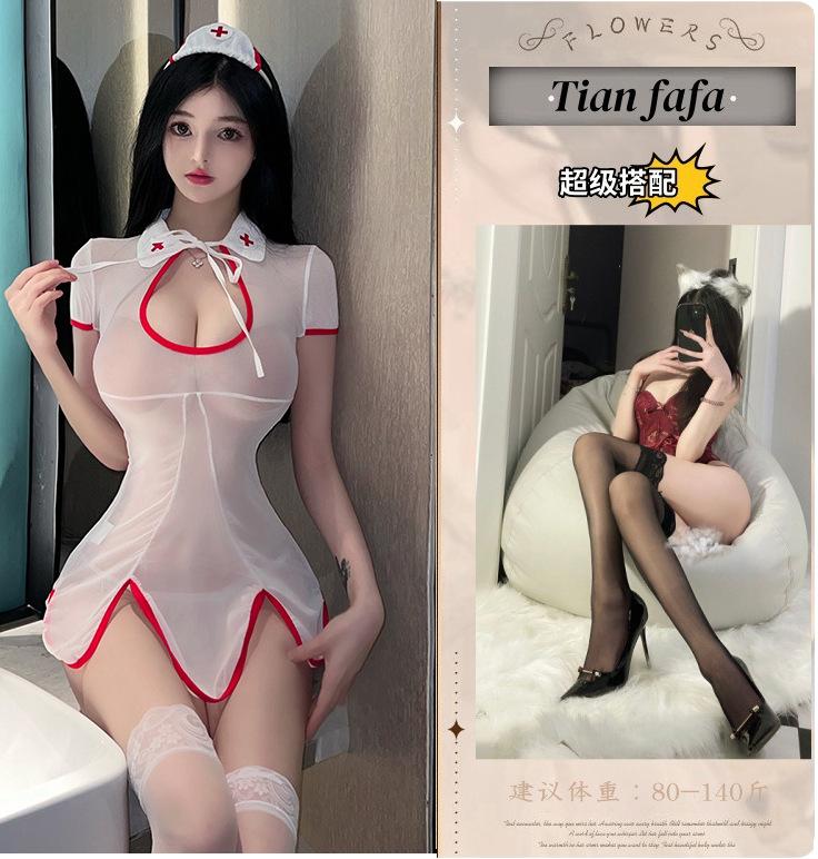 Erotic lingerie sexy female nurse suit hot mesh see-through seduction cut-out small breasts uniform set