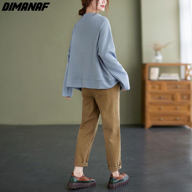 Dimanaf 2021 футболка, женская осенняя водолазка с длинным рукавом, хлопковые толстовки, корейская свободная одежда, белый топ с круглым вырезом, однотонные футболки