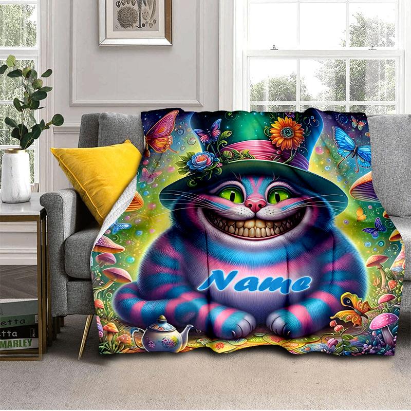 1PC Custom Name Alice Wonderland flannel blanket versatile,all-season throw suitable for the living room,bedroom,camping,travel,and gift