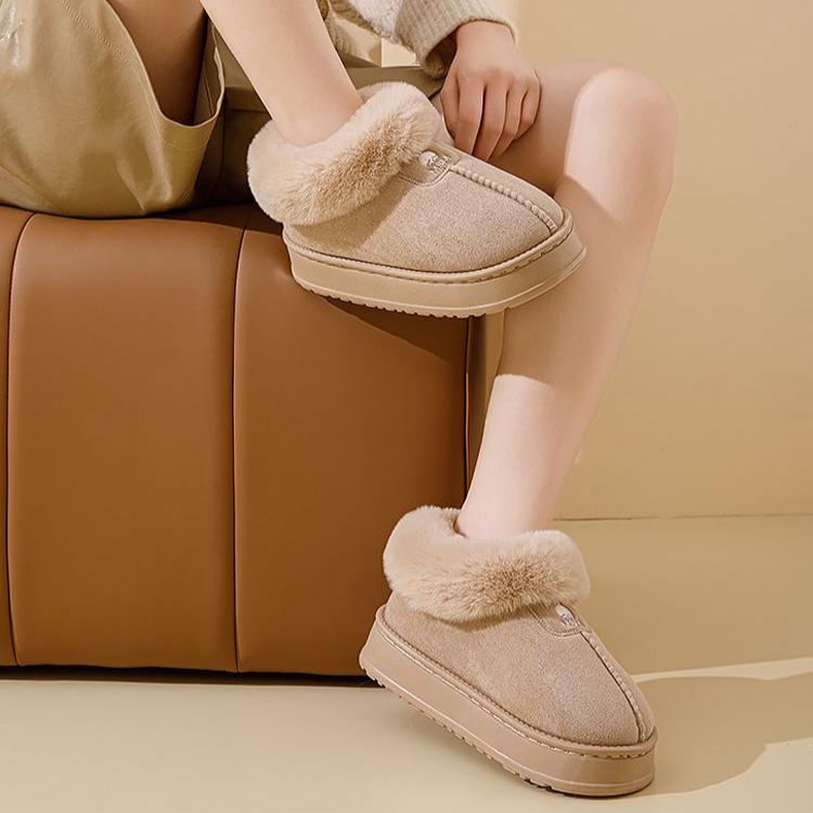 Женские зимние тапочки из хлопка с каблуком-мешком, высокие зимние сапоги из плюша с интегрированным мехом и теплая домашняя хлопковая обувь