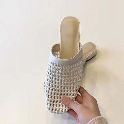 Версия из мягкой кожи~ Простые плетеные туфли-лодочки с открытым верхом, женские туфли на низком каблуке, удобные и прохладные тапочки