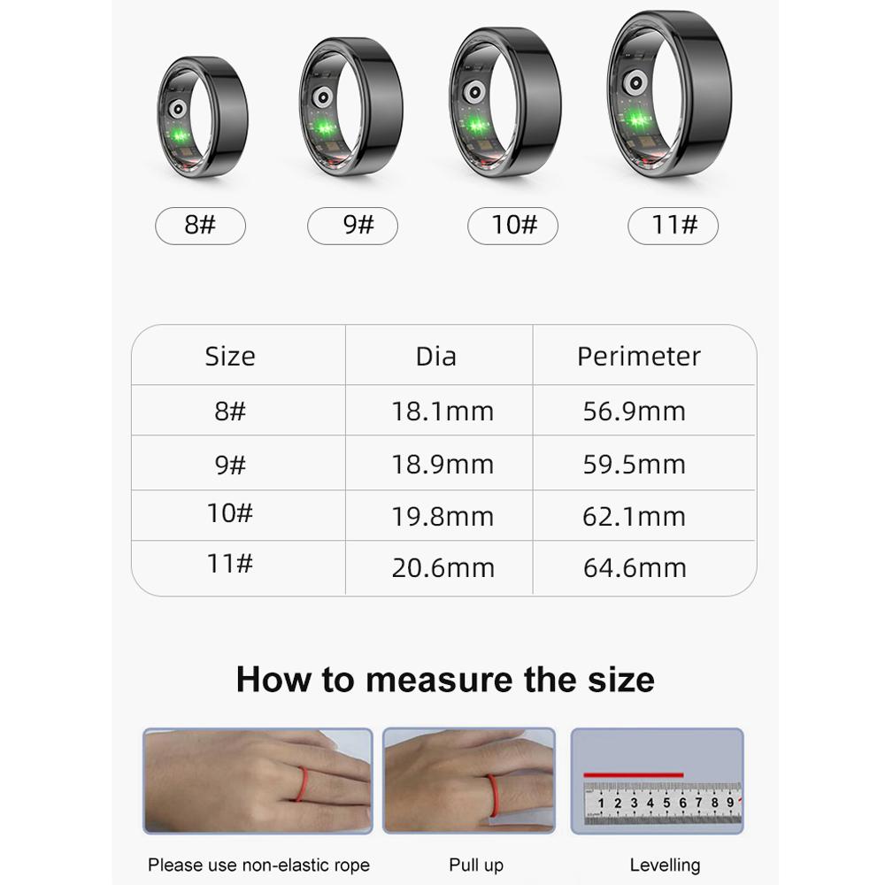 YurKem Беспроводная зарядка Смарт-кольцо Измерение сердечного ритма кислорода в крови Артериальное давление Мужчины Женщины Фитнес-трекер Спорт IP68 Водонепроницаемый Bluetooth-кольцо