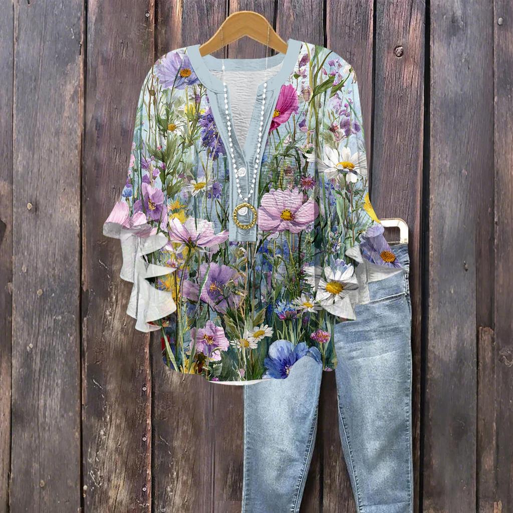 Women's Fashion Button V-Neck Ruffle Seven Sleeve Blouse Floral Printed Top