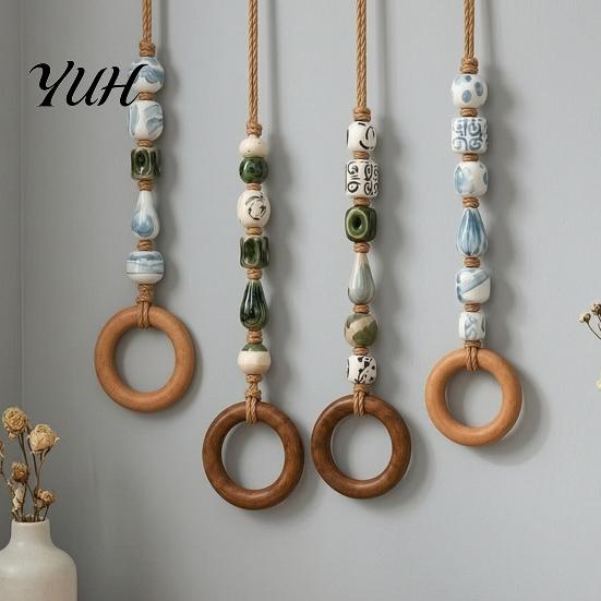 Functional Laundry Room Towel Loop Beaded Hanger with Wooden Ring, Farmhouse Rustic Hand Holder, Versatile Rack for Entryway Decorative Wall