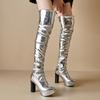 Womens Sexy Platform Round Toe Block High Heels Pleated Over The Knee Long Boots Autumn Winter Zip Silver Casual Party Shoes New
