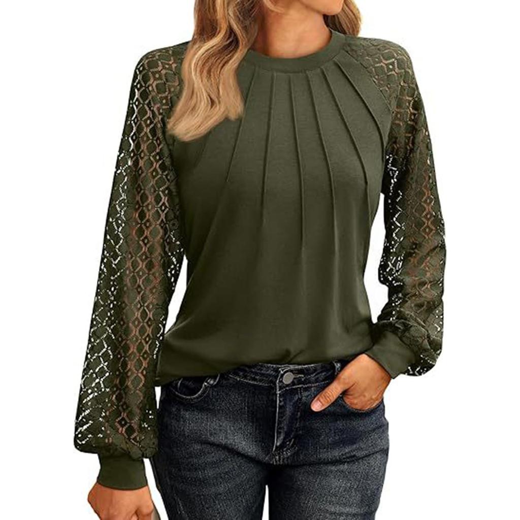 Women's Fashionable Long Sleeve Tops Lace Ruched T-Shirt Solid Round Neck Blouses Casual Top