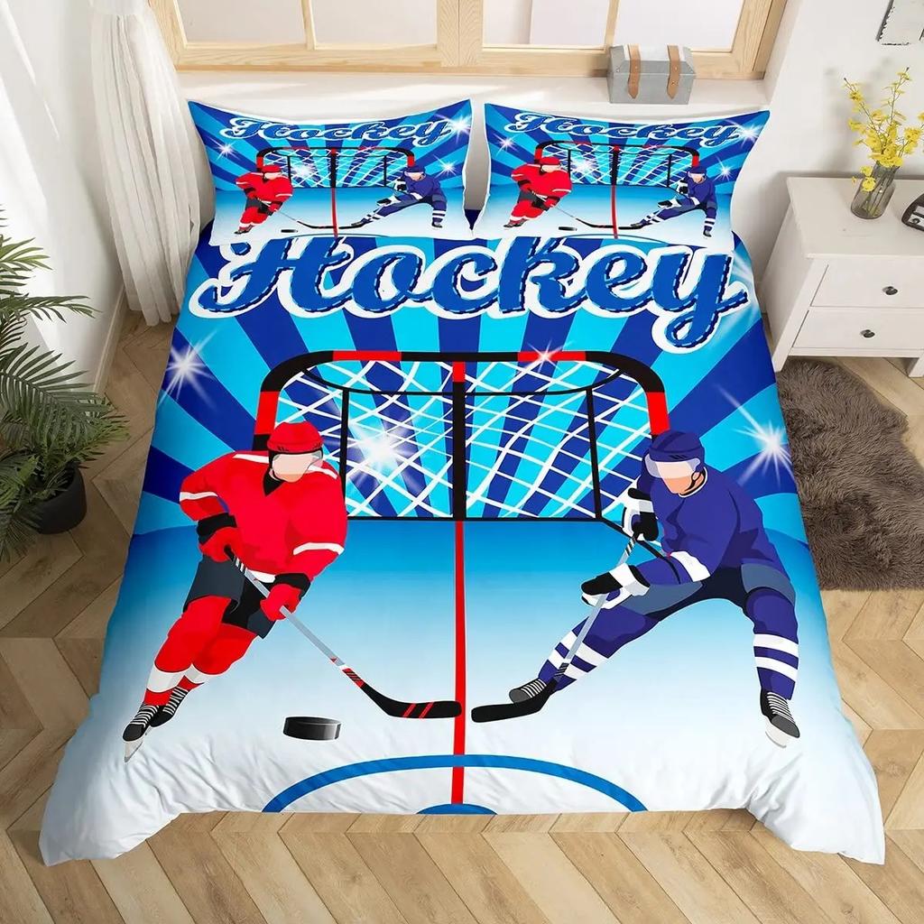Ice Hockey Duvet Cover Helmet Skates Comforter Cover Winter Ice Sports Games Bedding Set for Boys Puck Hockey Player Quilt Cover