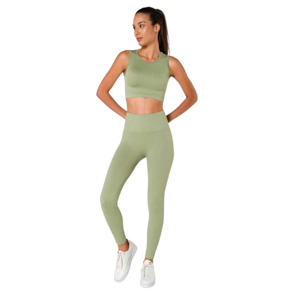 Women's Athlete Fitness Yoga Plates High Waist Tights-crop Ribbed Set 2 Pieces