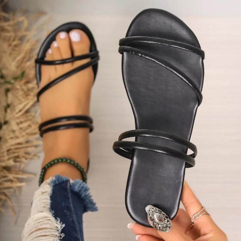 Модная обувь для женщин 2024 года, горячая распродажа, женские тапочки с открытым носком, летние простые повседневные тапочки на плоской подошве большого размера