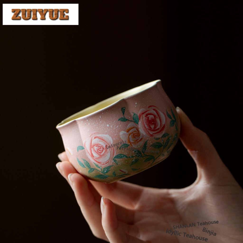160ml Hand-painted Rose Teacup Aesthetic Tea Bowl Sample Tea Cup Tea-tasting Meditation Cup Chazhan Master Cups Drinkware Craft