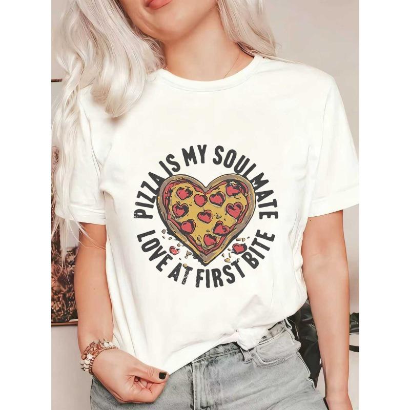 Черная футболка оверсайз с принтом сердца-пиццы и надписью Pizza Is My Soulmate Love At First Bite Повседневная одежда для женщин Летний наряд Уличная мода