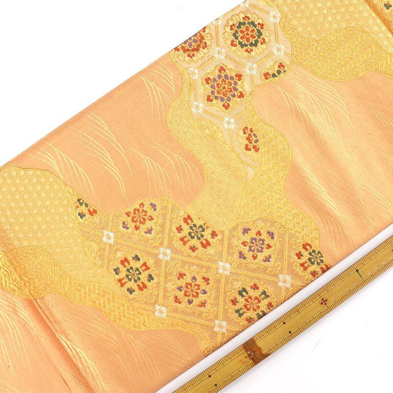 Used Fukuro obi Formal Fukuro obi Pure silk Six patterns Beige Gold Michinagatori Coffered ceiling Chinese pattern Length 423cm Width 31cm