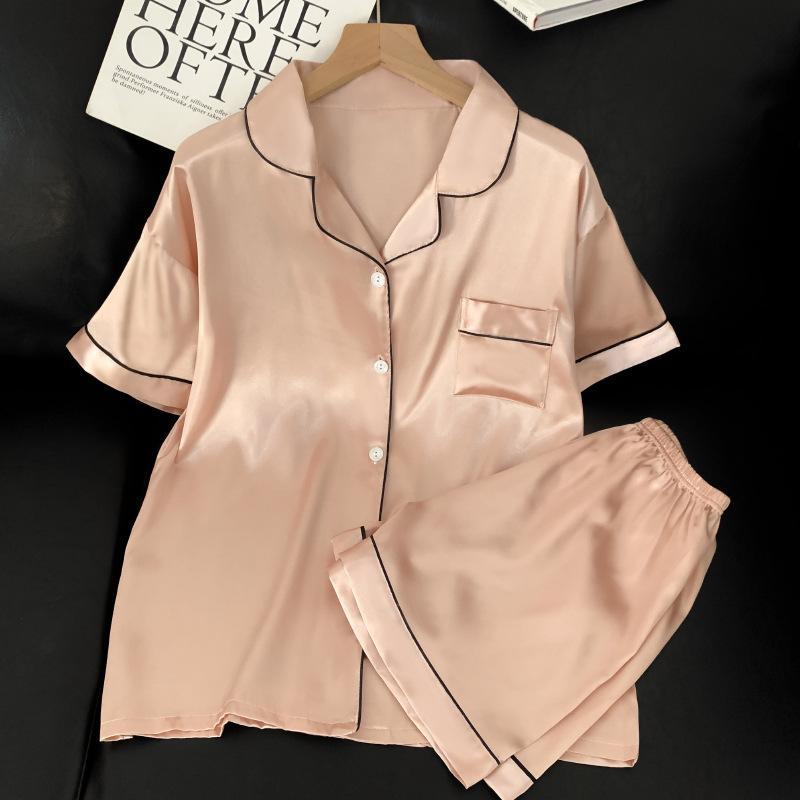 Solid Color Ice Silk Pajamas Women'S Summer Thin Foreign Style High-Value Short-Sleeved Loungewear Two-Piece Set Can Be Worn Outside