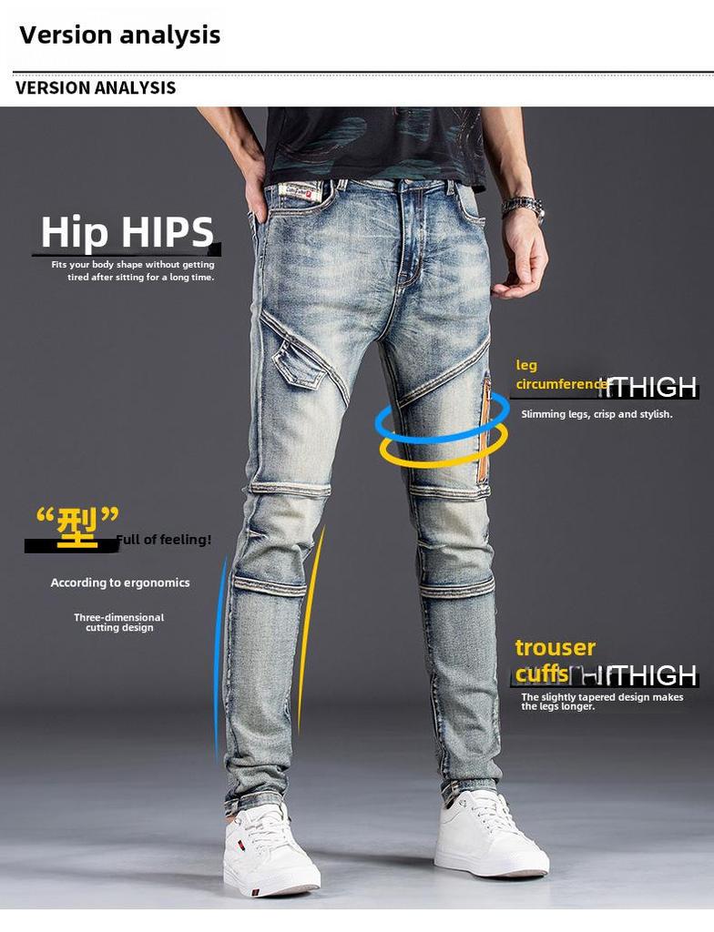 Ностальгические синие эластичные узкие джинсы в мотоциклетном стиле для мужчин - облегающие брюки из денима с модной строчкой