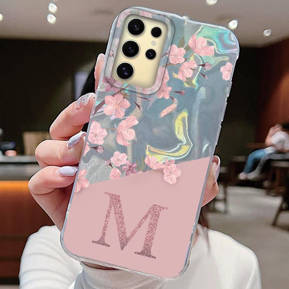 Initial Letter A Z Case For Samsung Galaxy S25 S24 S23 S21 S22 Plus S23 S21 FE Cover Pink Flowers Silicone Back Fundas Bumper