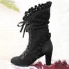Retro Medieval Thick Heel Knight Boots for Womens Shoes Suede Leather Lace Up Mid-Calf Thick Heeled Boot Puls Size 43