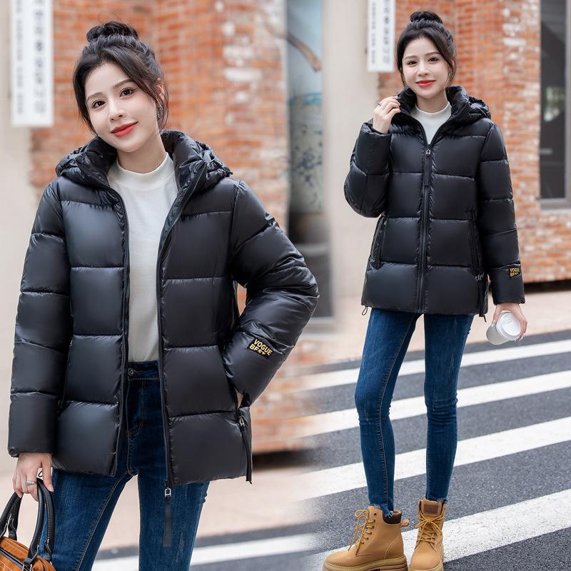 Women Short Medium Length Down Jacket Winter Warm Stand Collar Solid Color Casual Outerwear Coat
