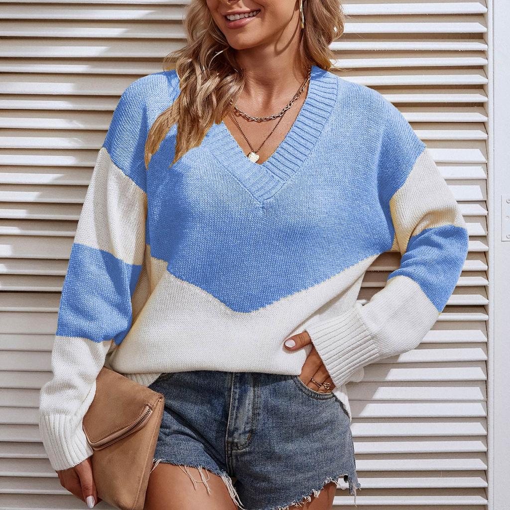 Women's Casual Fashion 2022 Long Sleeved Knitting Contrast Color Sweater Top