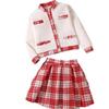 Милый набор для девочек: Осенняя детская мода Красная клетчатая юбка и куртка с короткими рукавами с цветочным принтом Набор из двух предметов