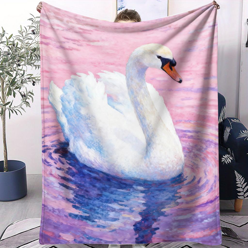 Graceful swan pattern Flannel printed blanket suitable for all seasons suitable for living room office sofa and travel 180x250CM