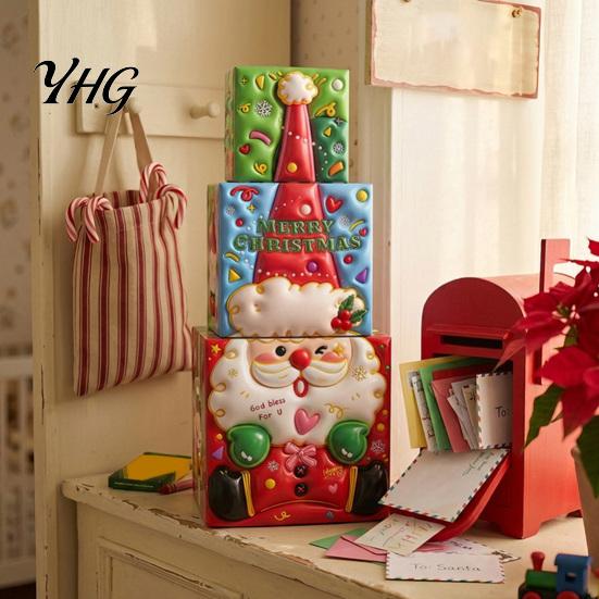 Holiday Gift Storage Containers 3Pcs Christmas Stackable Box, Layered Cube Plastic Boxes with Santa Shop Window Props Snowman Reindeer, Tabletop