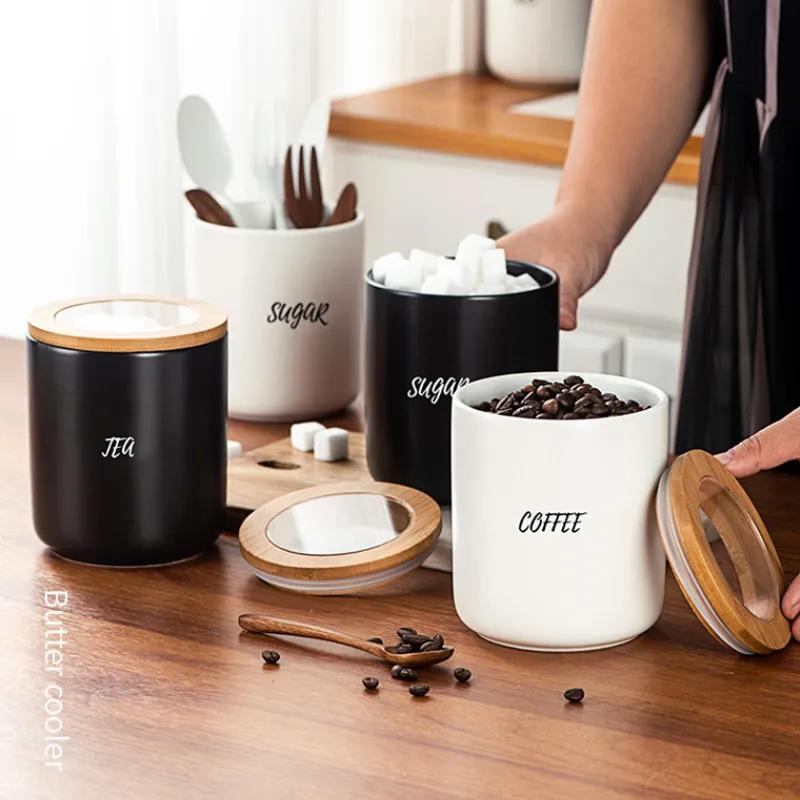 Nordic Home Kitchen Storage Can Simple Coffee Bean Storage Can Wholesale Ceramic Herb Can With Wooden Cover Avoid Light And Vlag Tea Can YLE587