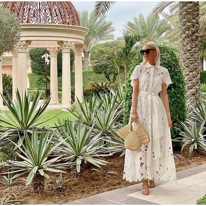 Women's White Hollow Flower Lace Dress 2025 Spring/Summer Short Sleeved Single Breasted Shirt Dress