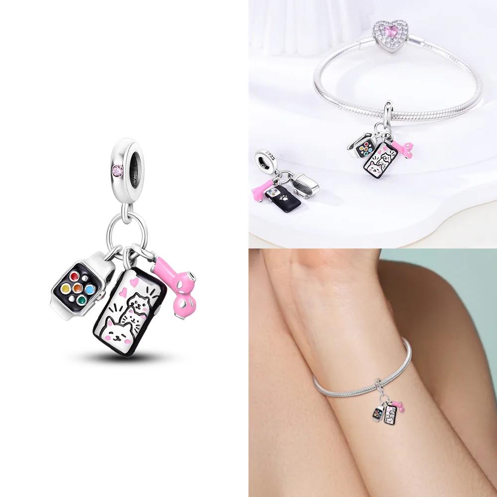 Charms Pink Beads Smart Watch Bike Car Travel Dangle Original Copper Bead Fit Bangle Bracelet Diy Jewelry Woman Fine Gift