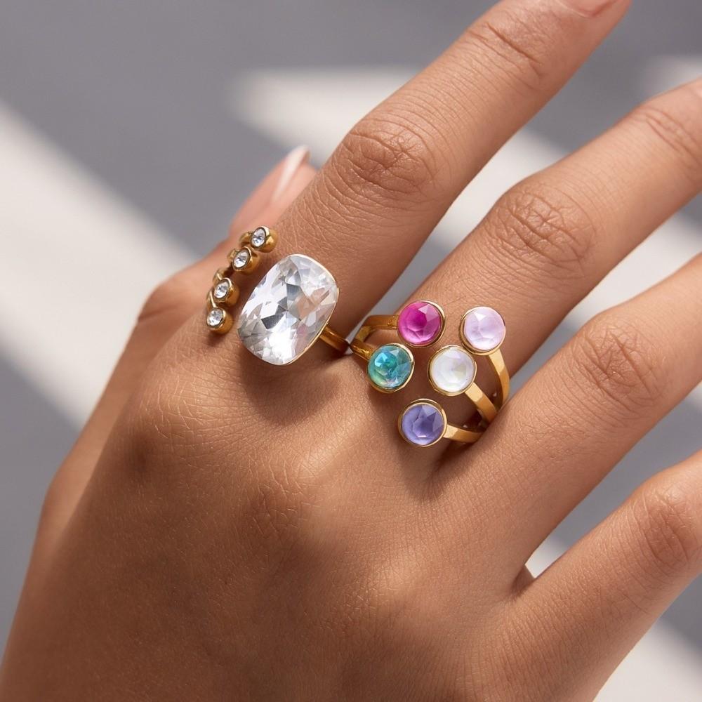 Elegant Open Ring Colorful Crystal Finger Ring Fashion Geometric Crystal Ring for Women
