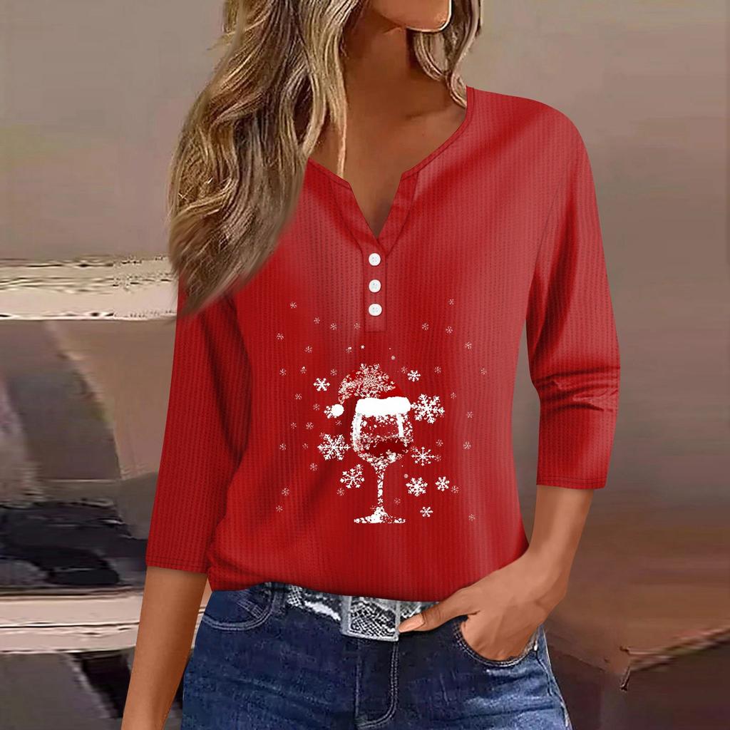 Women‘s Fashion Casual Christmas Wine Glass Printed V-neck 3/4 Sleeve Button Knit Hoodie Regular Top
