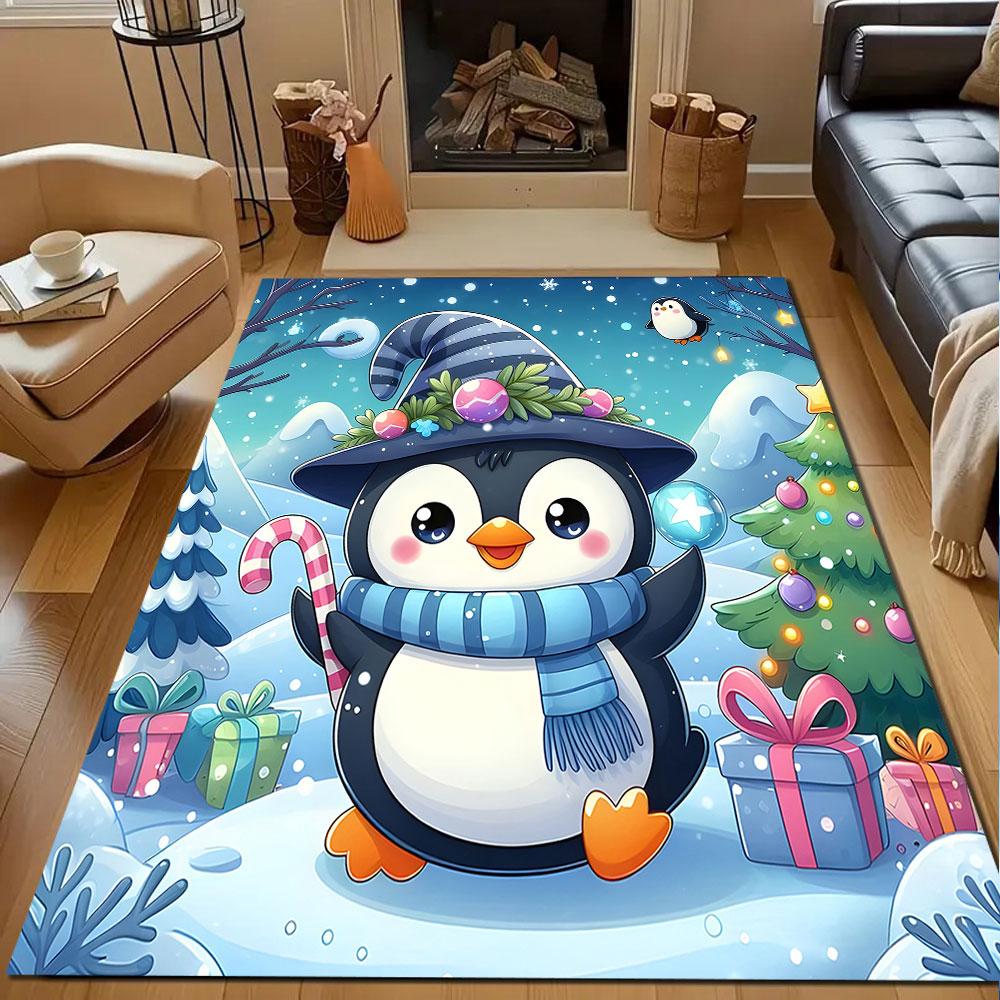 Cute Penguin Christmas Wonderland Patterned carpet, non slip mat suitable for living room and bedroom sofas